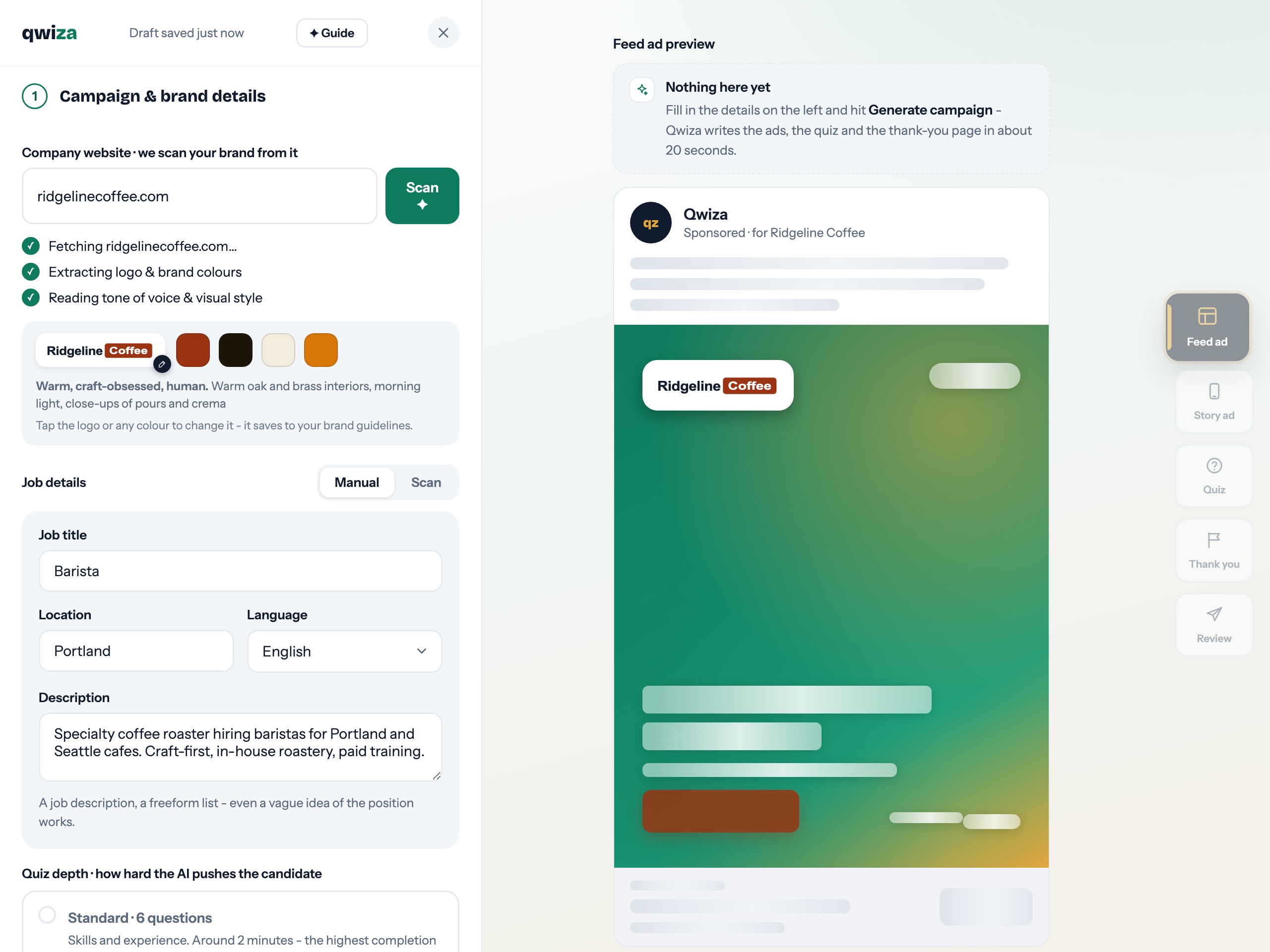 Qwiza app - creating a new campaign from a job description