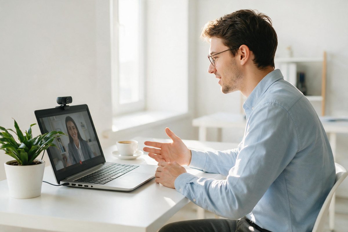 Candidate at a bright desk speaking into a laptop camera during a video interview