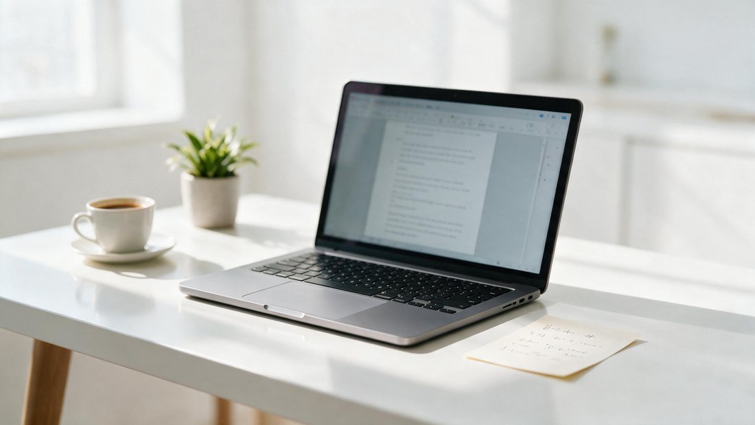 Screen showing a blurred draft beside handwritten fact notes on a bright desk