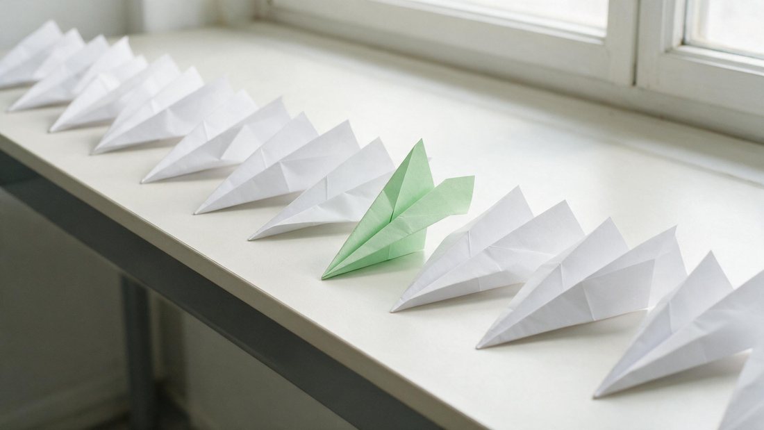 Identical white paper airplanes lined up on a bright desk, one folded differently