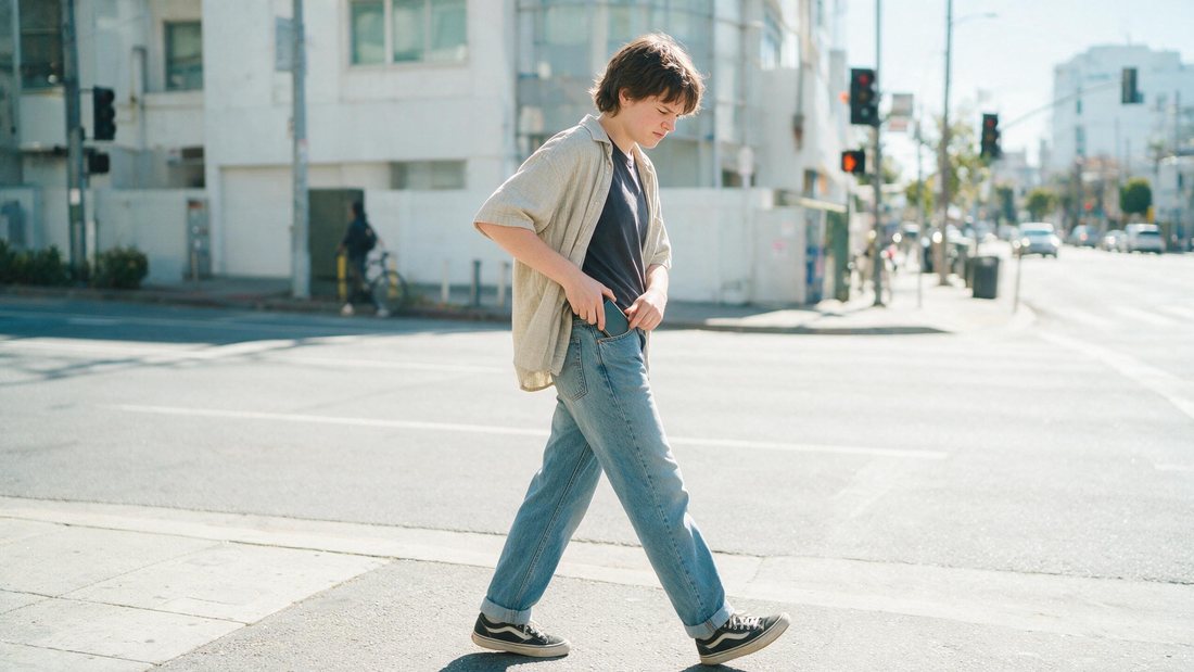 Person abandoning a long form on a phone, walking away down a bright street