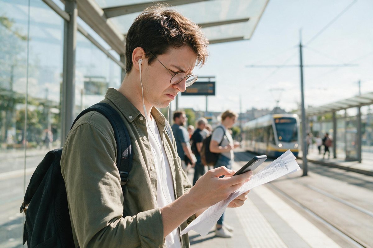Candidate frowning at a long form on a phone while waiting at a bright tram stop