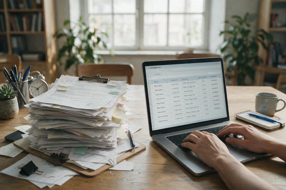 Small business manager reviewing an applicant tracking system pipeline on a laptop screen