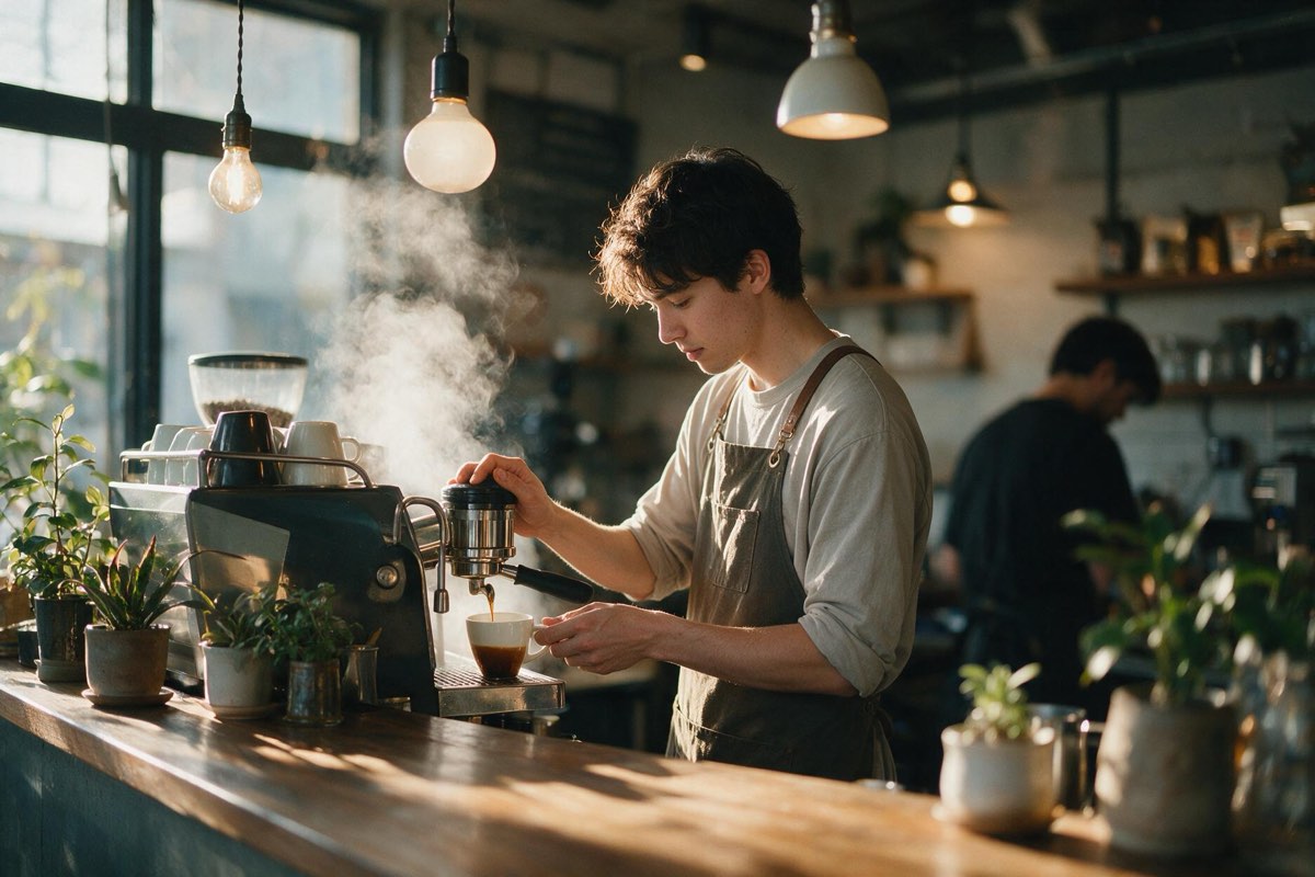 Young barista pulling an espresso shot behind a specialty coffee bar in warm morning light