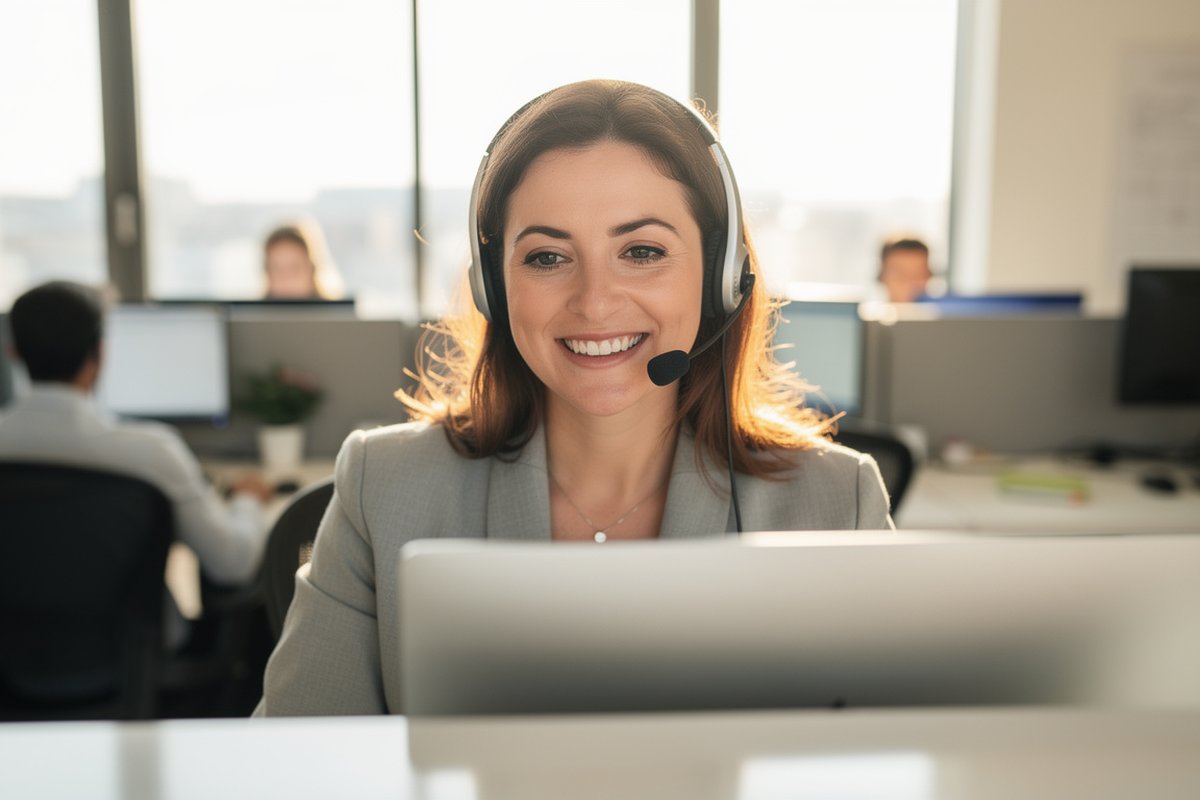 Customer support agent with a headset smiling mid-call in a bright modern office
