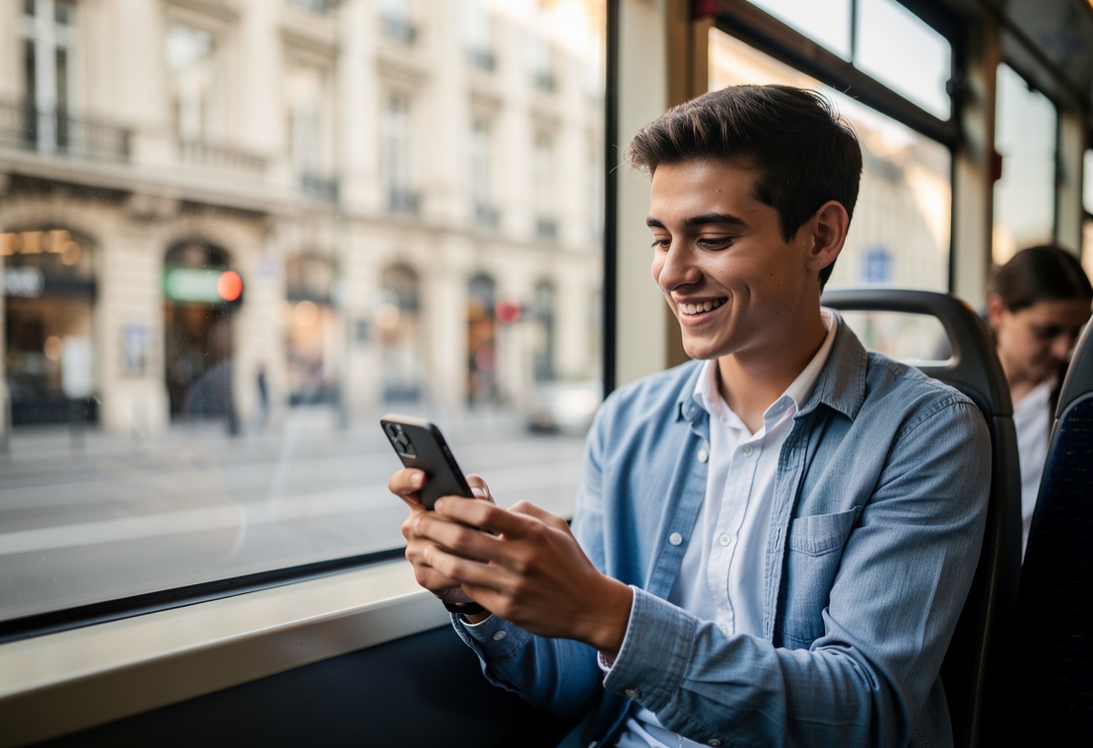 Delivery rider smiling at a status update on his phone at dusk