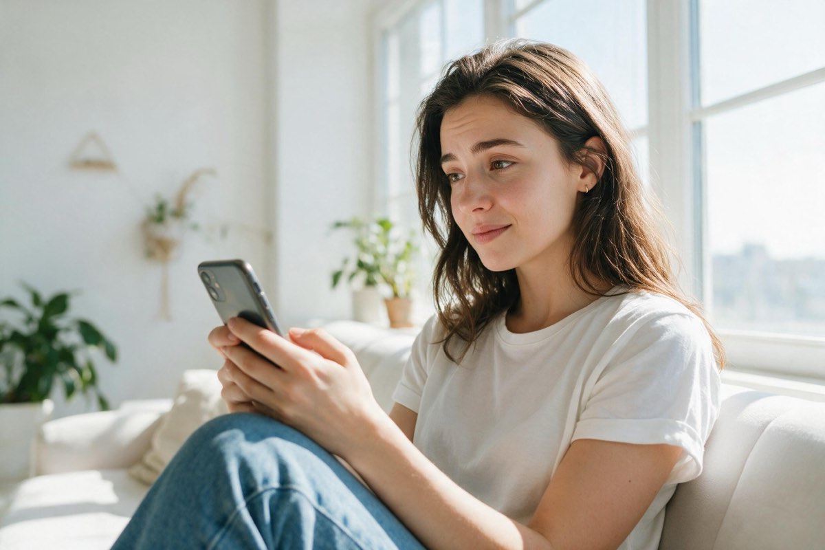 Young woman sitting by a bright window looking at her phone while waiting for a reply