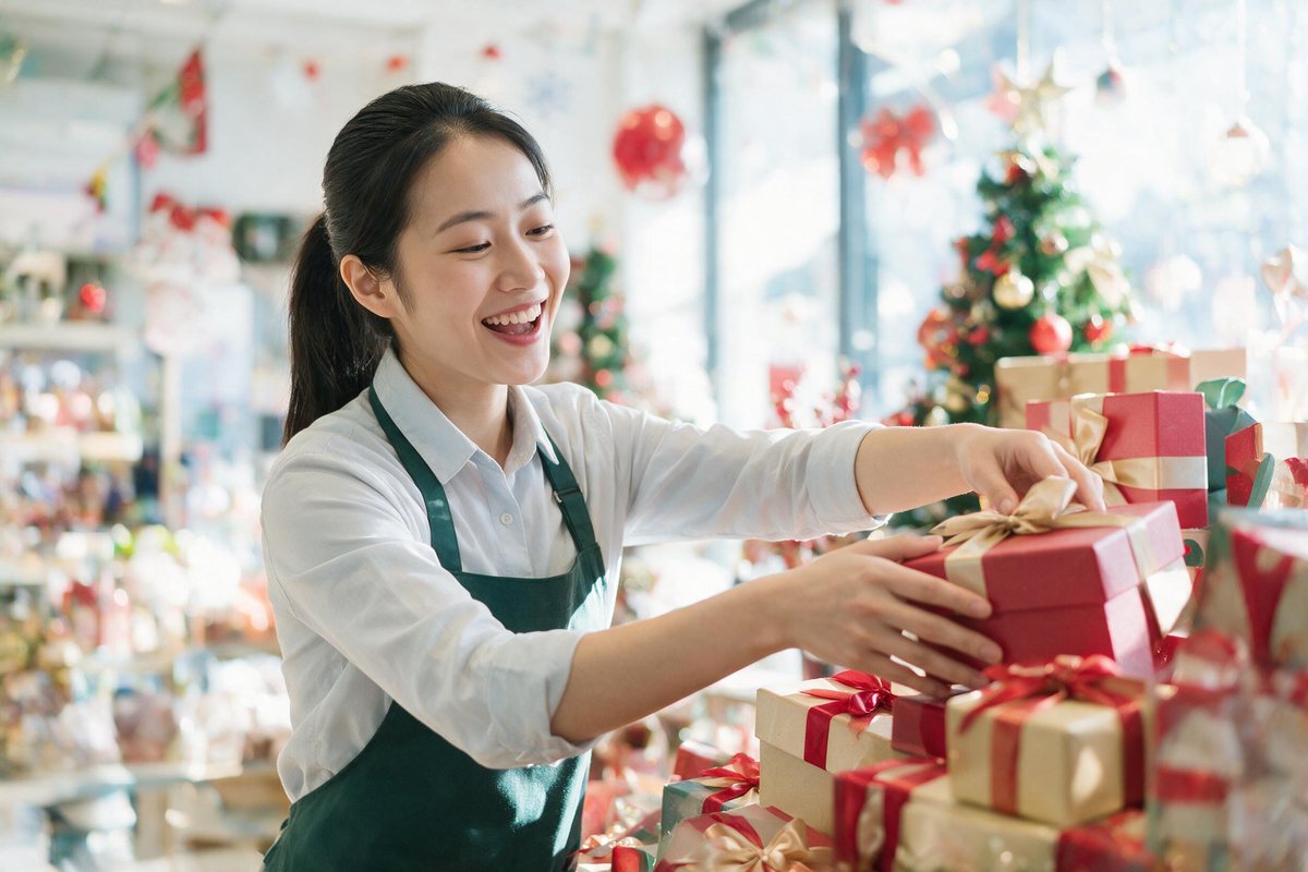 Cheerful shop assistant arranging festive gift boxes in a bright decorated store