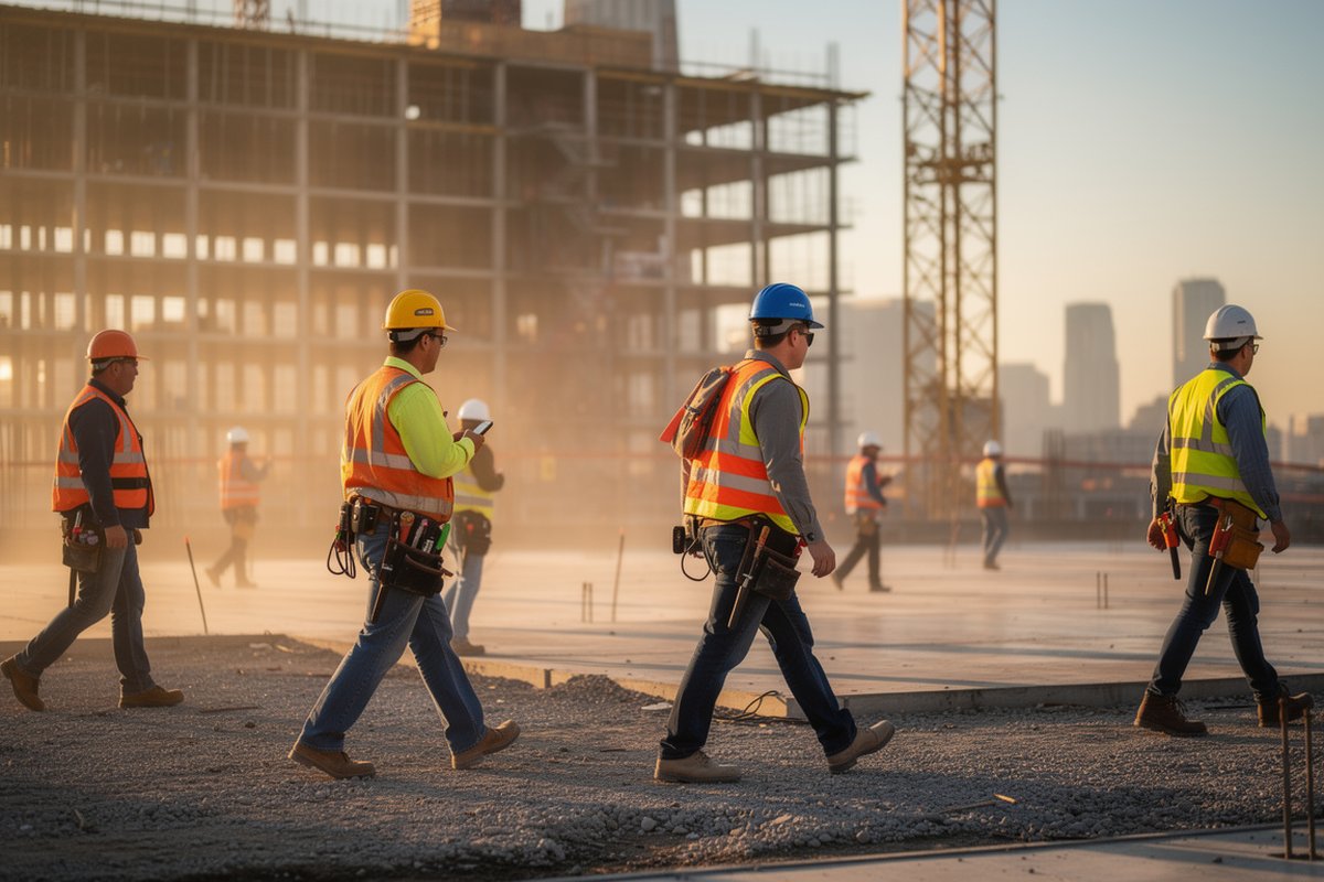 Construction workers in hard hats crossing a large building site at golden hour