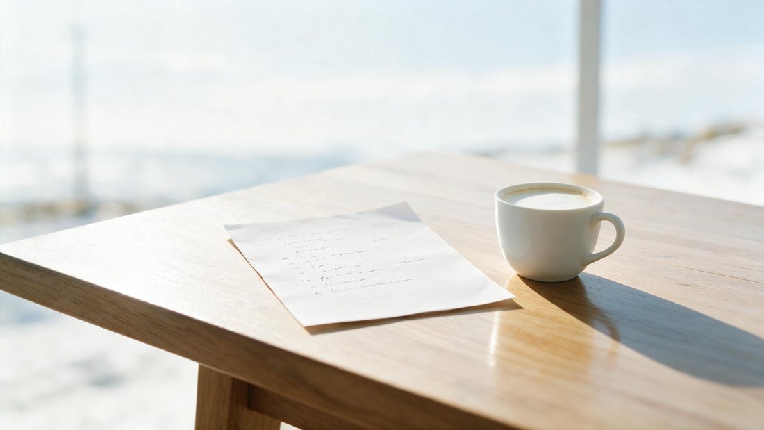 Single handwritten page with a short list beside a flat white