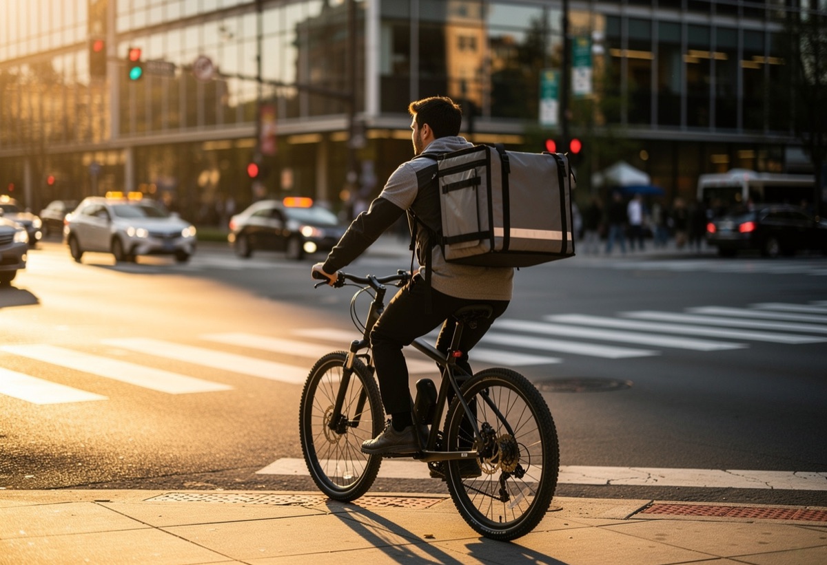 Fleet manager briefing a line of delivery riders at golden hour