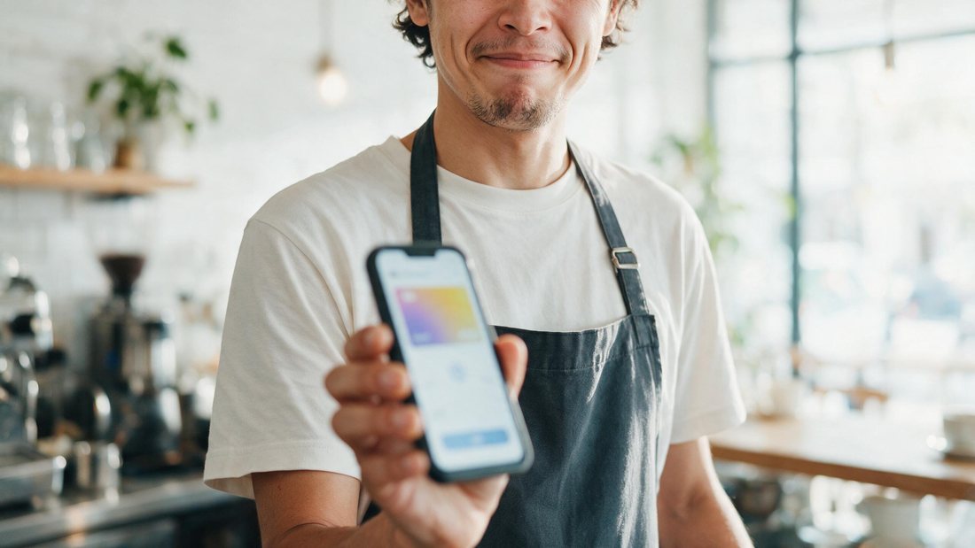 Phone showing a soft blurred wallet balance held by a worker in an apron