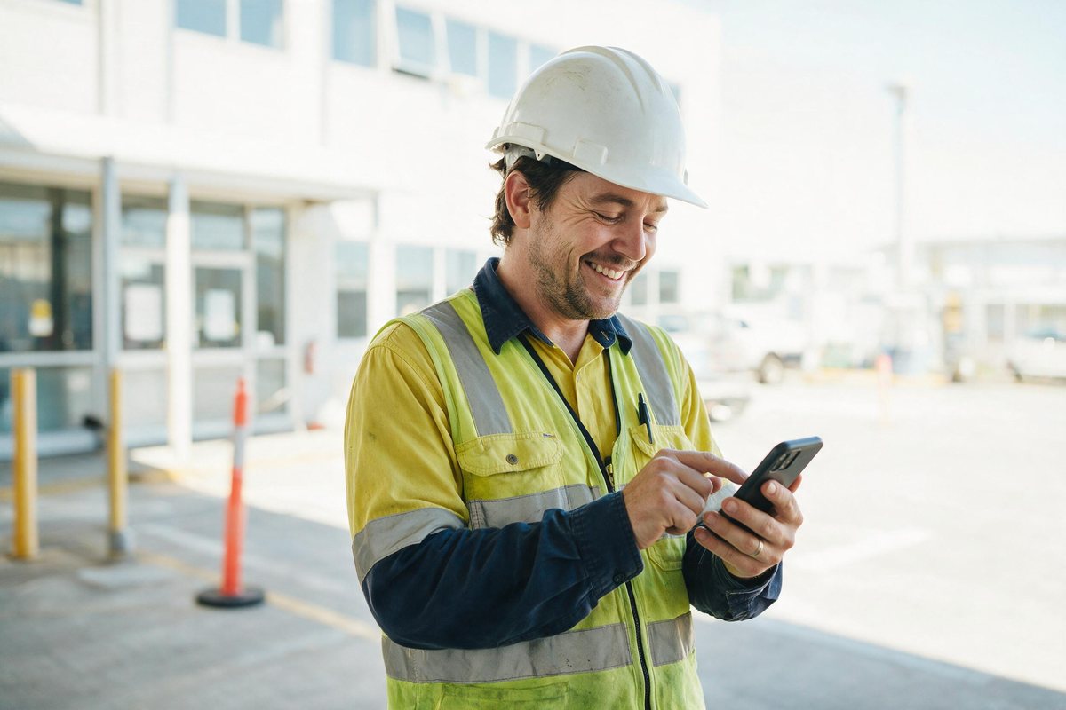 Shift worker checking a phone with a relieved smile outside a bright workplace