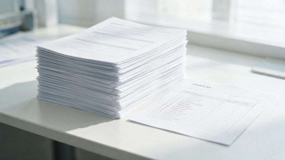 Tall stack of identical printed applications beside one marked shortlist page