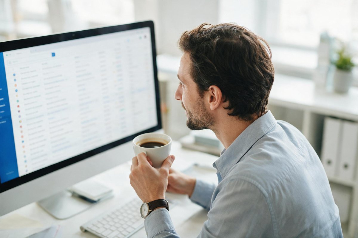 Recruiter looking at an overflowing inbox on a bright screen with coffee in hand