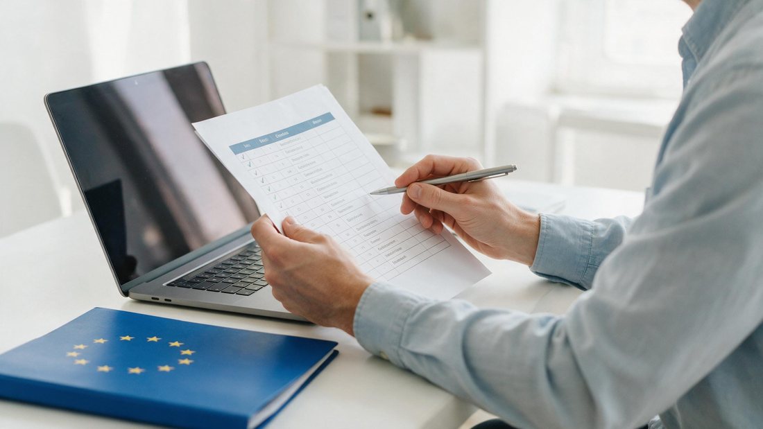 Person reviewing a checklist beside a laptop in a bright tidy office