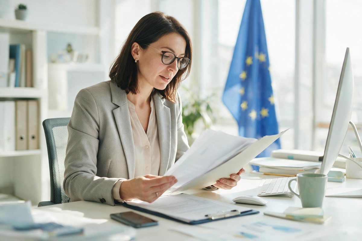 HR manager reading documentation at a bright desk with an EU flag visible softly outside