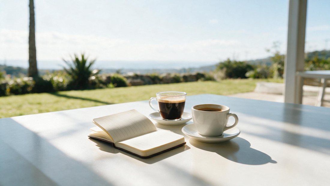 Small notebook and two coffees during a relaxed farewell chat at a bright table