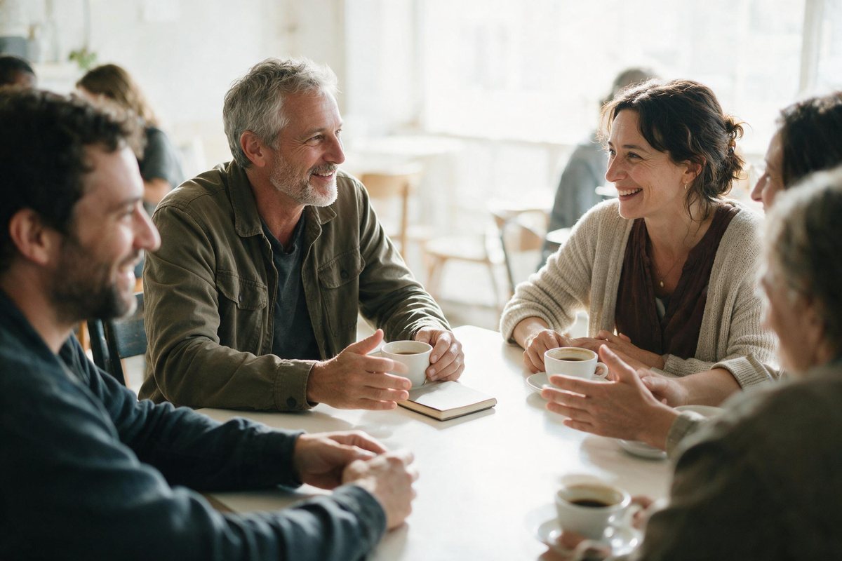 Relaxed farewell conversation over coffee at a bright table with a small notebook