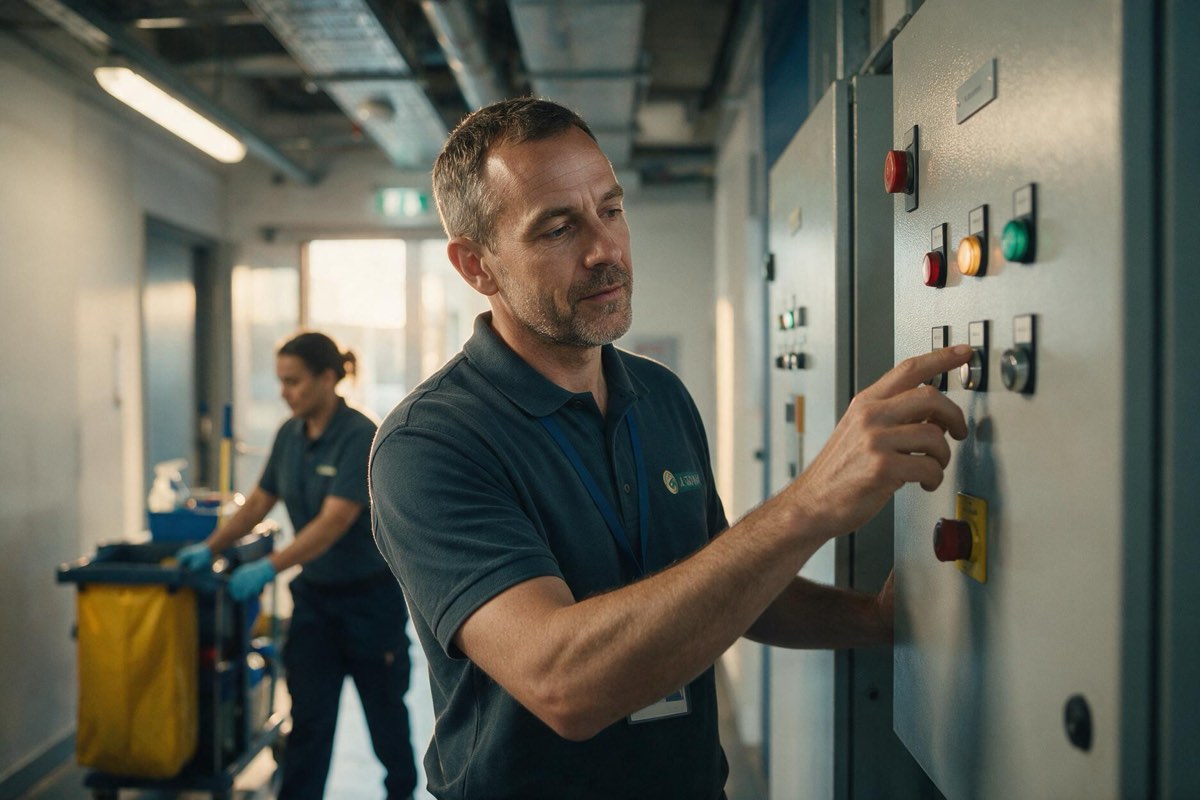 Maintenance technician checking a control panel in the service corridor of an office building