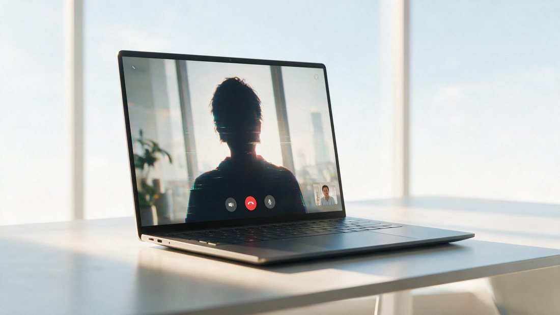 Close-up of a laptop video call with a subtly glitching face outline