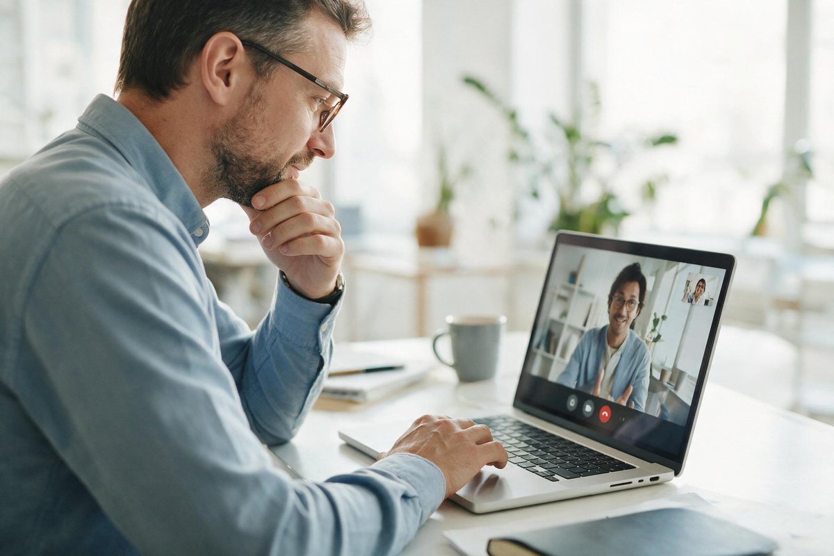Manager looking carefully at a video call on a bright laptop screen