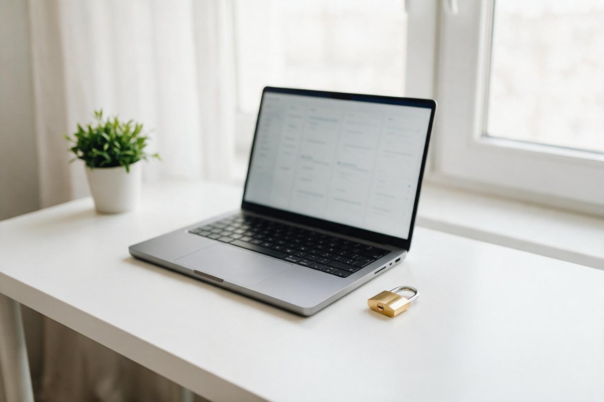 Organised bright desk with a laptop showing a tidy candidate list and a lock icon