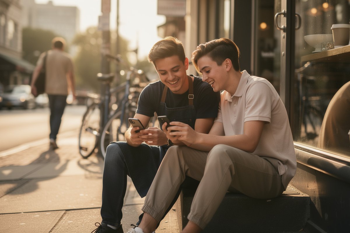Two young frontline workers laughing over a phone outside a cafe at golden hour