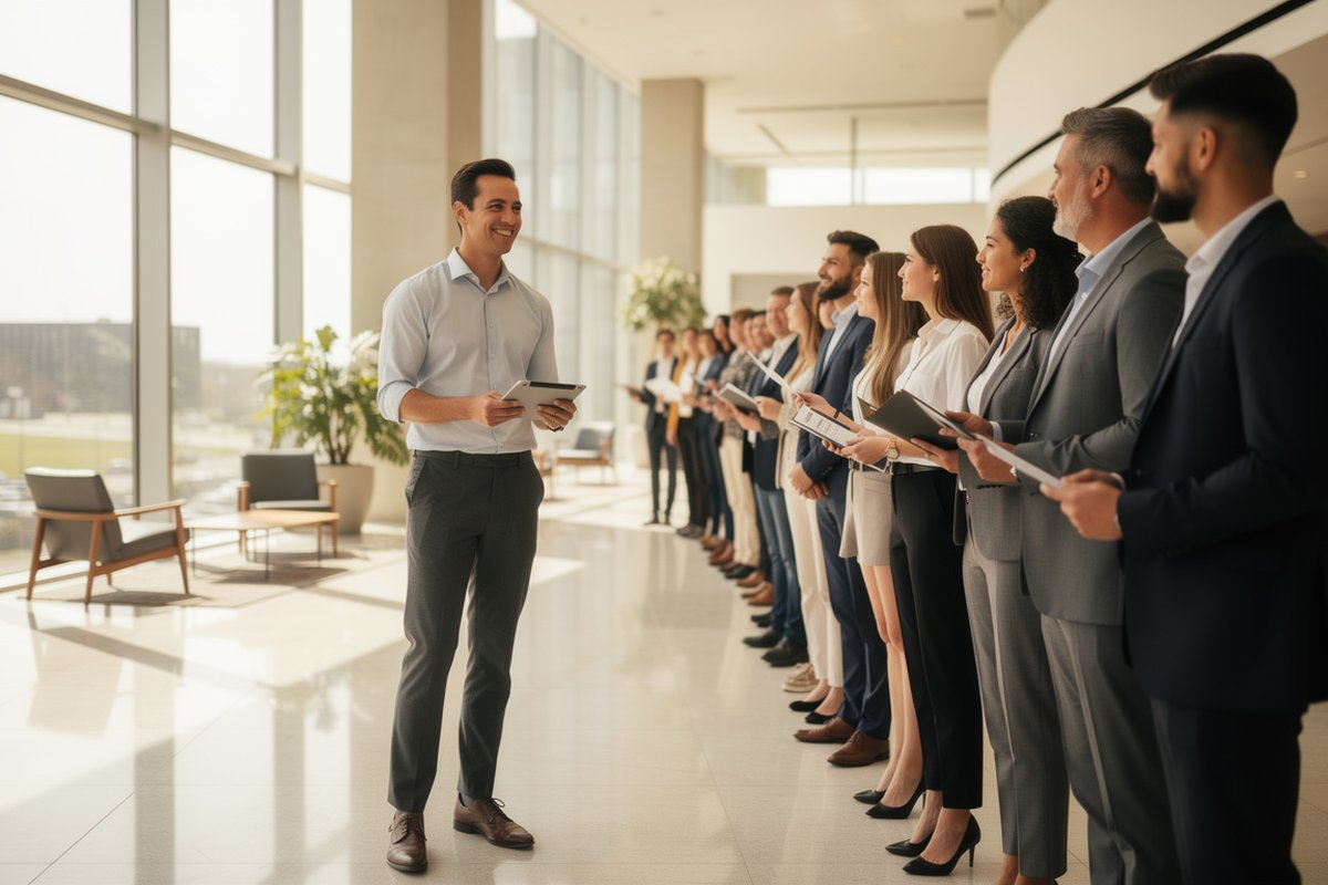 Hiring manager with a tablet greeting a line of applicants in a bright office lobby