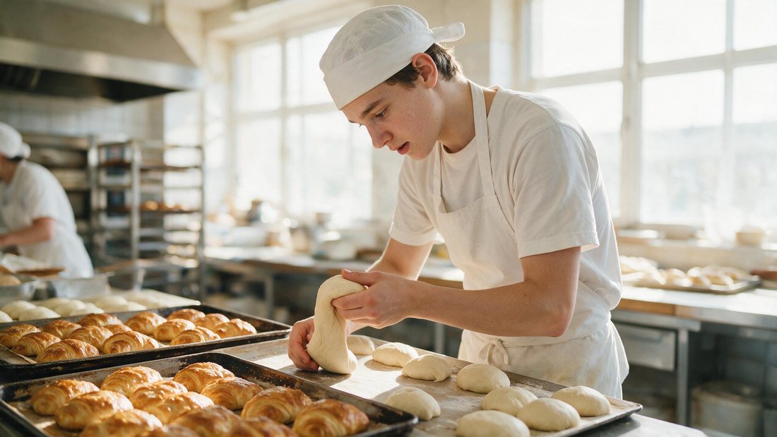 Trays of golden pastries beside a young trainee learning shaping technique