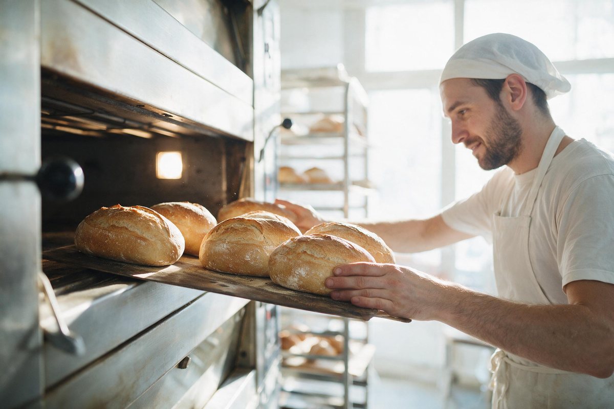 Baker sliding fresh loaves from an oven in a bright early-morning bakehouse