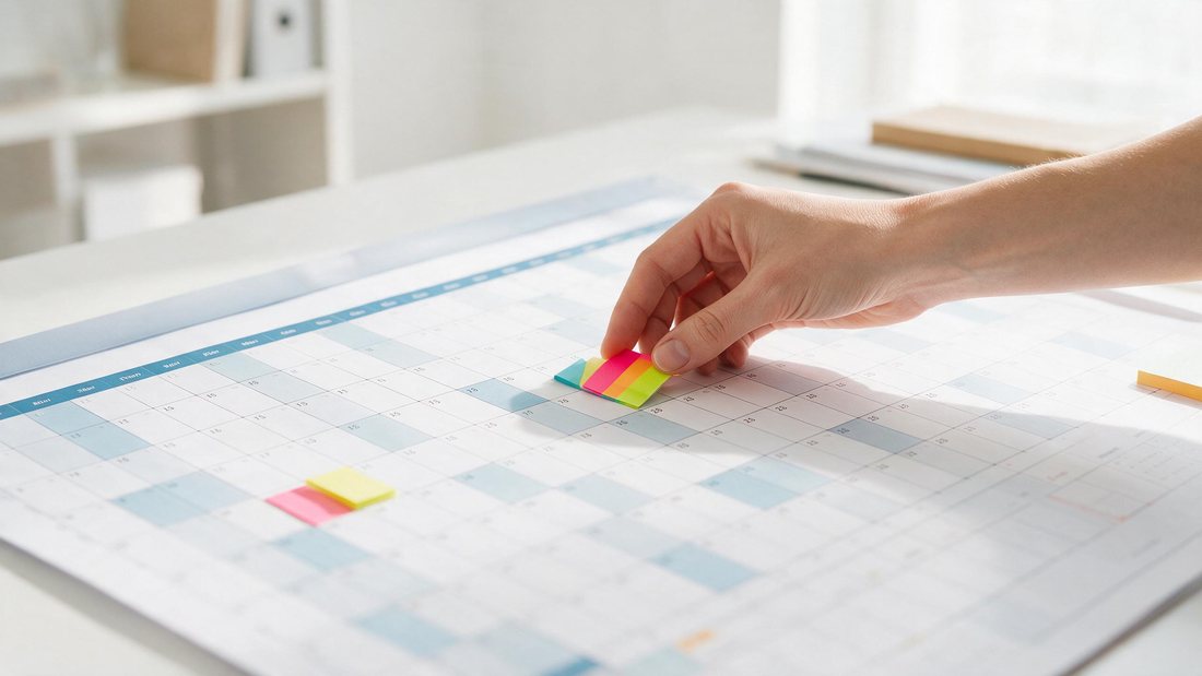 Clean annual planner sheet with sticky markers on a bright desk