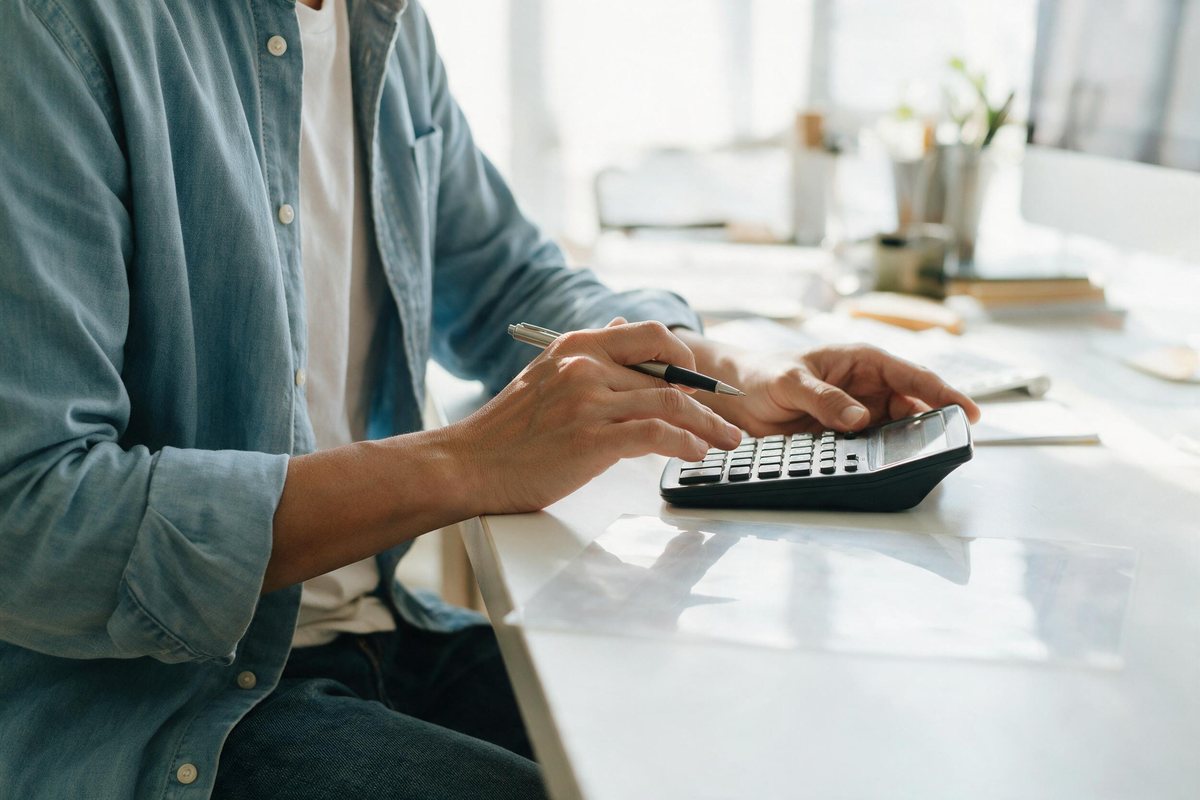 Owner with a calculator and one clear sheet at a bright desk, planning calmly