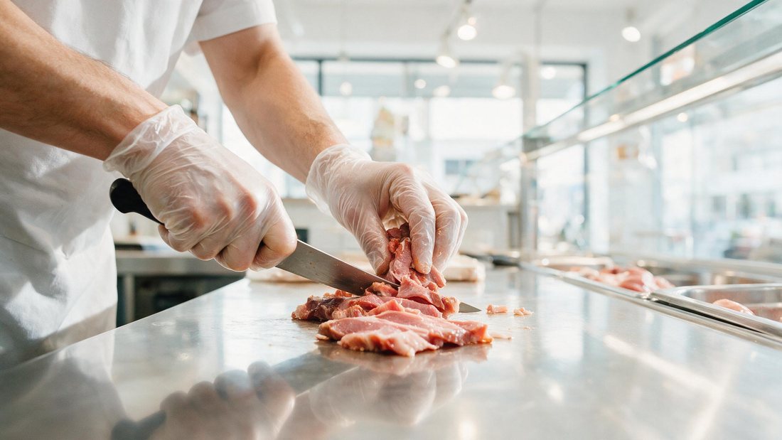 Gloved hands portioning meat precisely at a bright clean steel counter