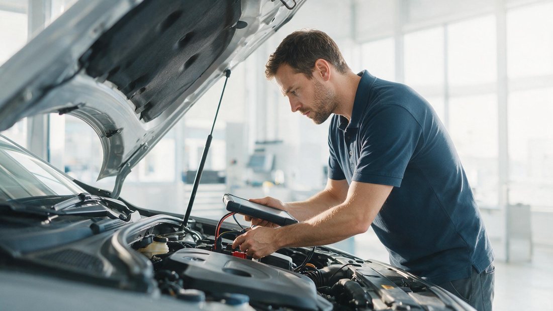 Technician connecting a diagnostic tablet to a car in a bright workshop