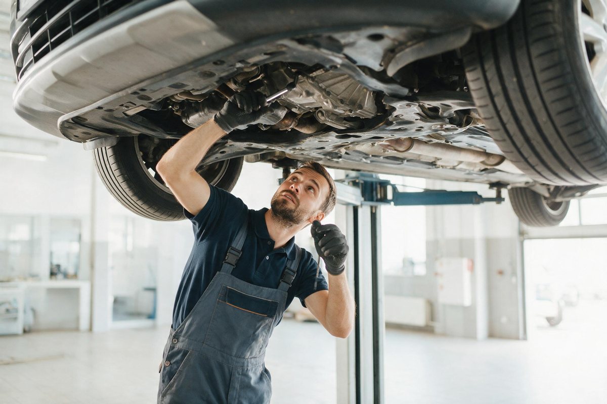 Technician working under a car on a lift in a bright clean modern workshop