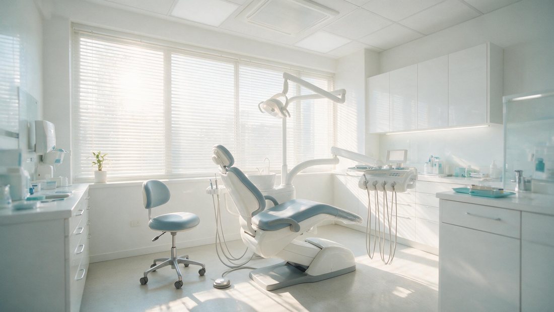Bright dental treatment room prepared and empty, morning light through blinds