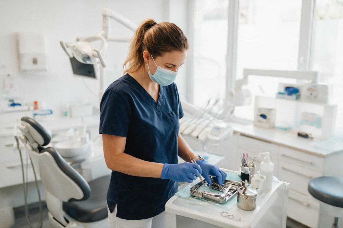 Dental assistant preparing instruments in a bright modern practice room