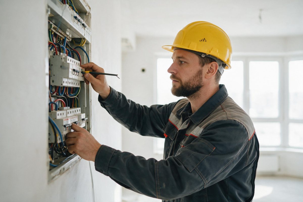 Electrician in a bright new-build interior checking a consumer unit installation