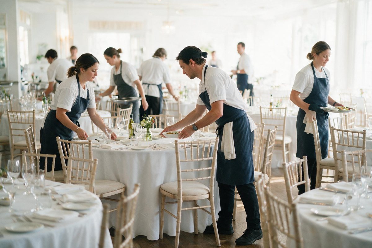 Catering team in neat aprons setting a bright banquet hall with round tables