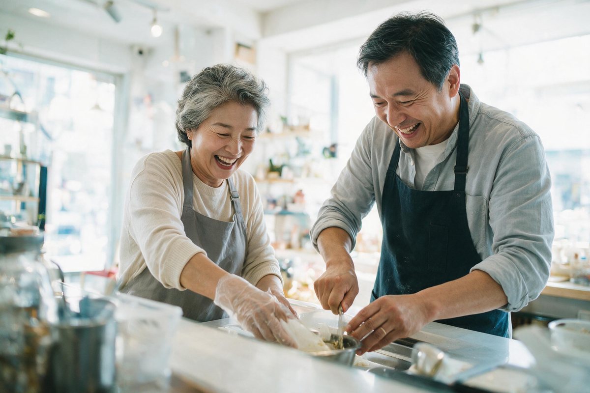 Two family members working together cheerfully behind a bright shop counter