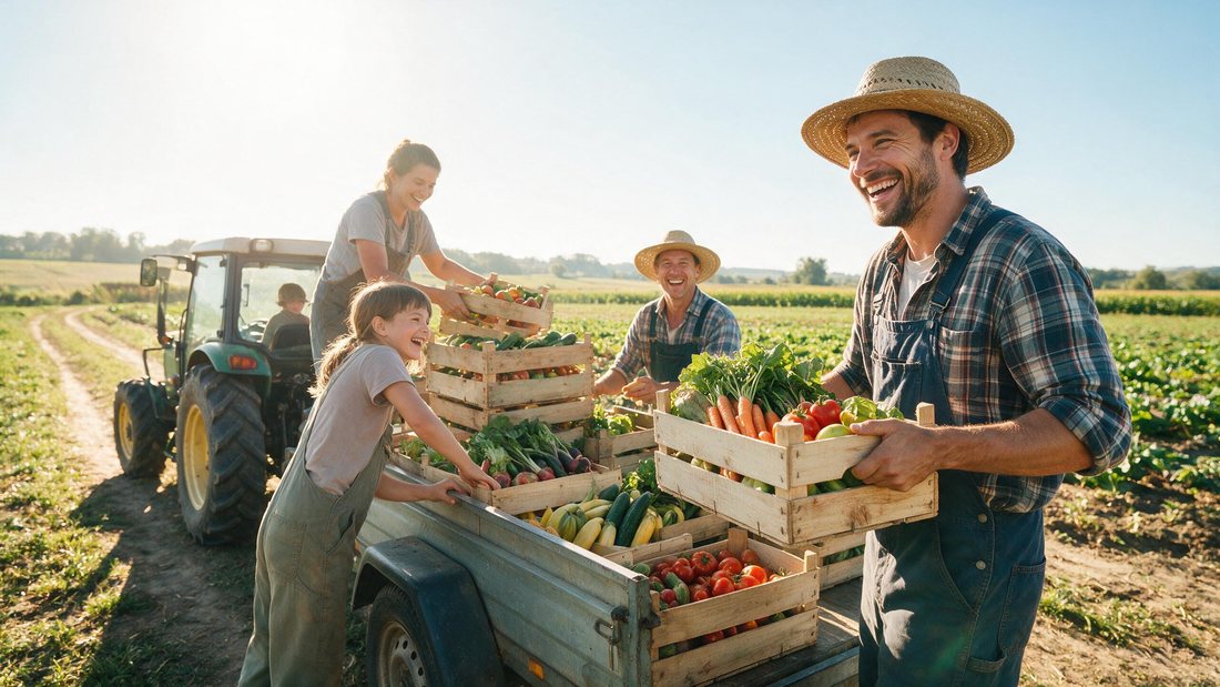 Crates of fresh produce being loaded by a cheerful crew in morning light