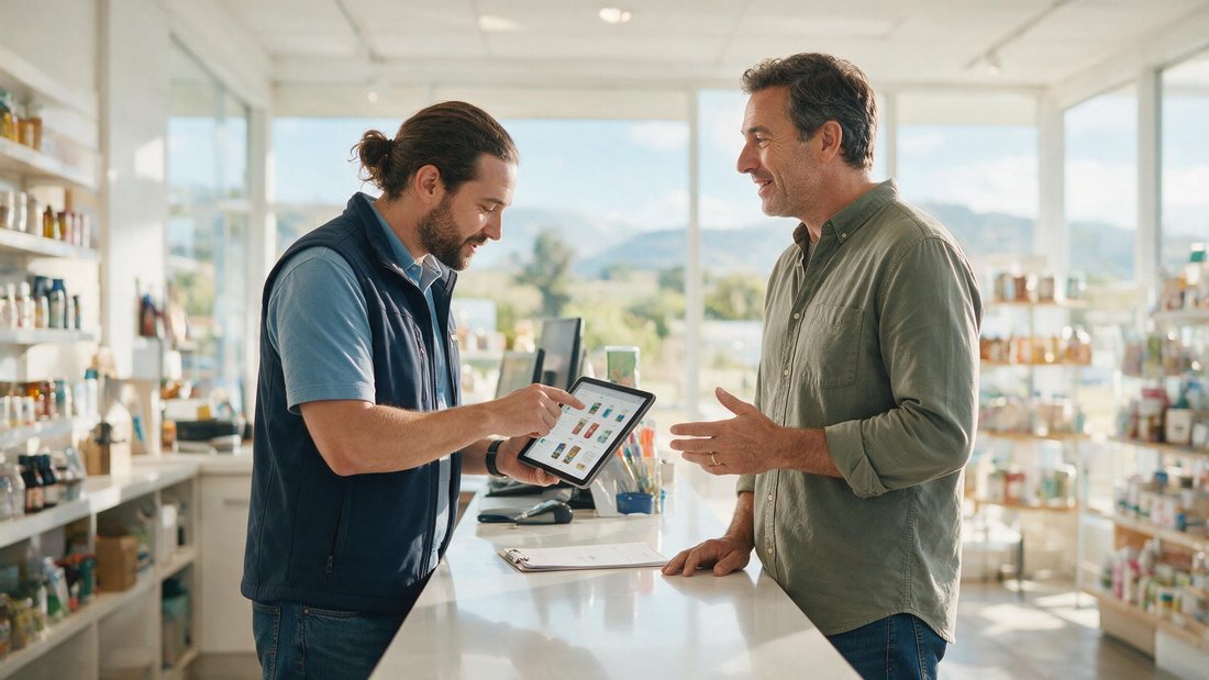 Sales rep and shop owner reviewing products together at a bright counter