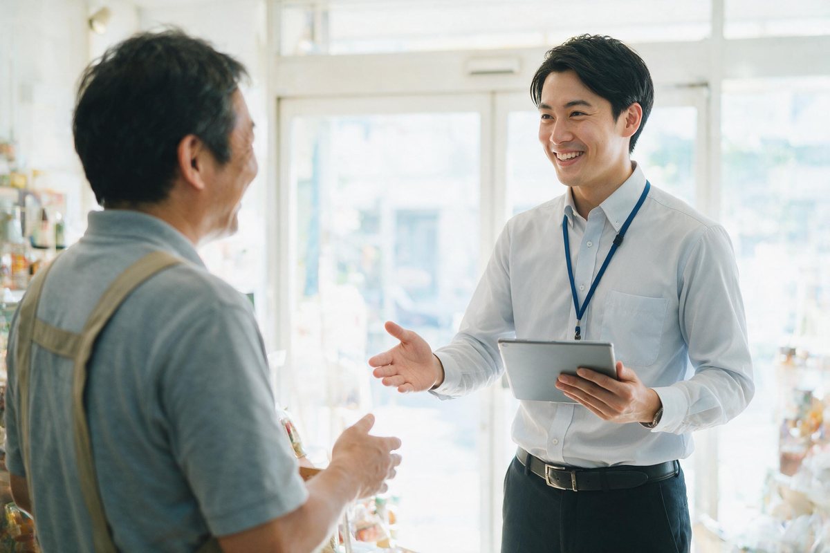Sales rep with a tablet greeting a shop owner at a bright store entrance
