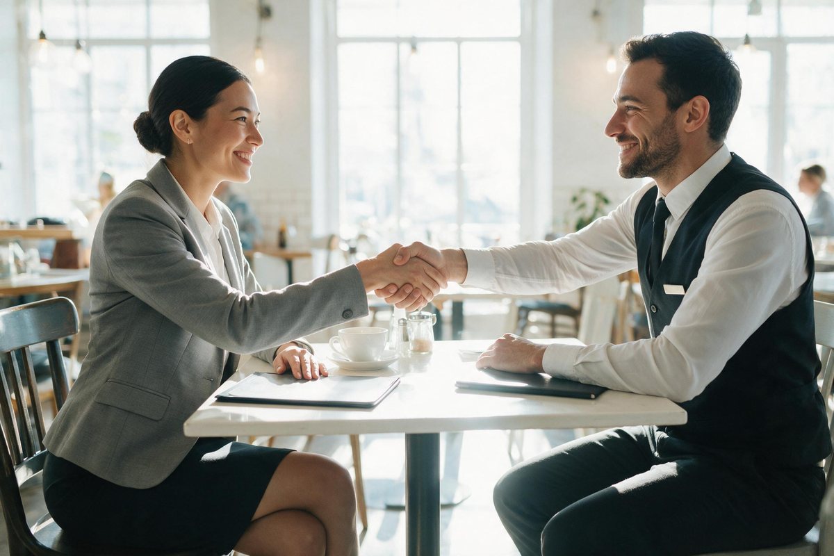 Two hospitality professionals shaking hands across a bright cafe table