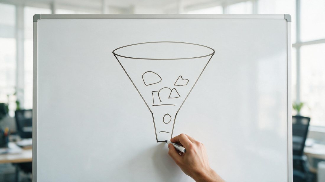 Hand drawing a simple funnel with numbers on a bright whiteboard