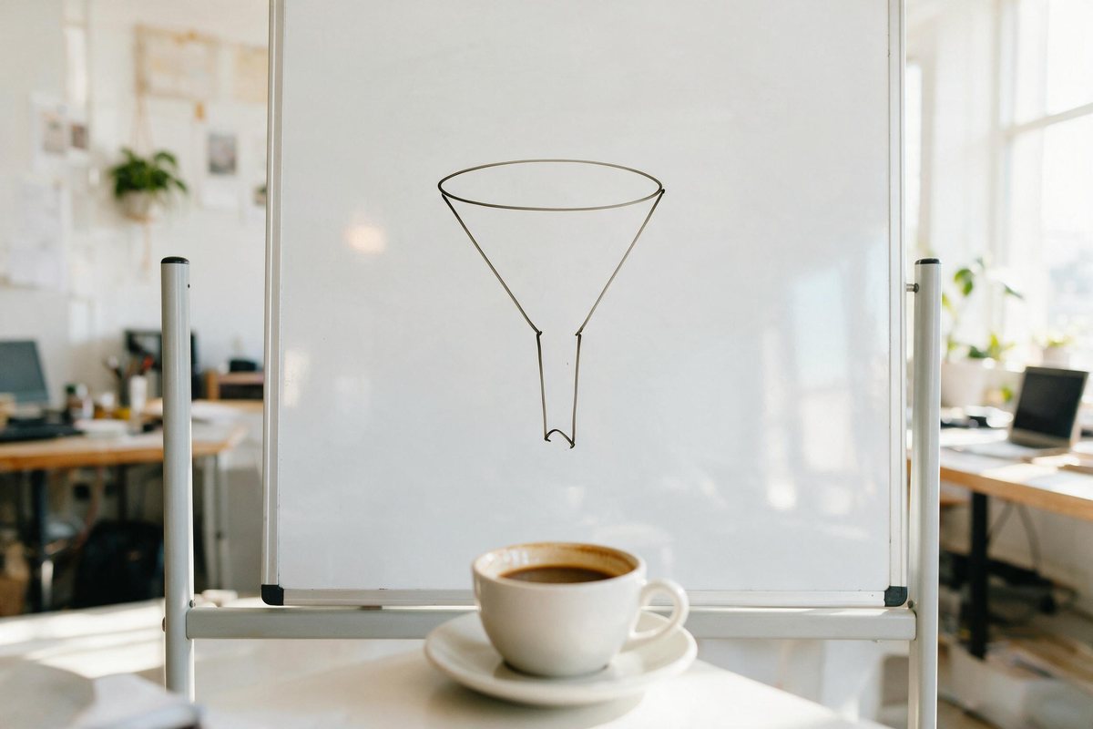 Simple funnel sketch drawn on a bright whiteboard with coffee in the foreground