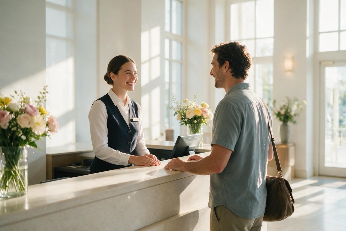 Hotel receptionist welcoming a guest in a bright sunlit lobby