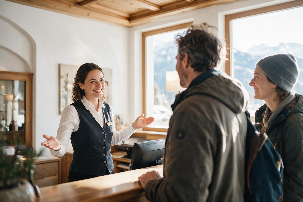 Hotel receptionist welcoming guests in a bright Alpine hotel lobby with mountain light