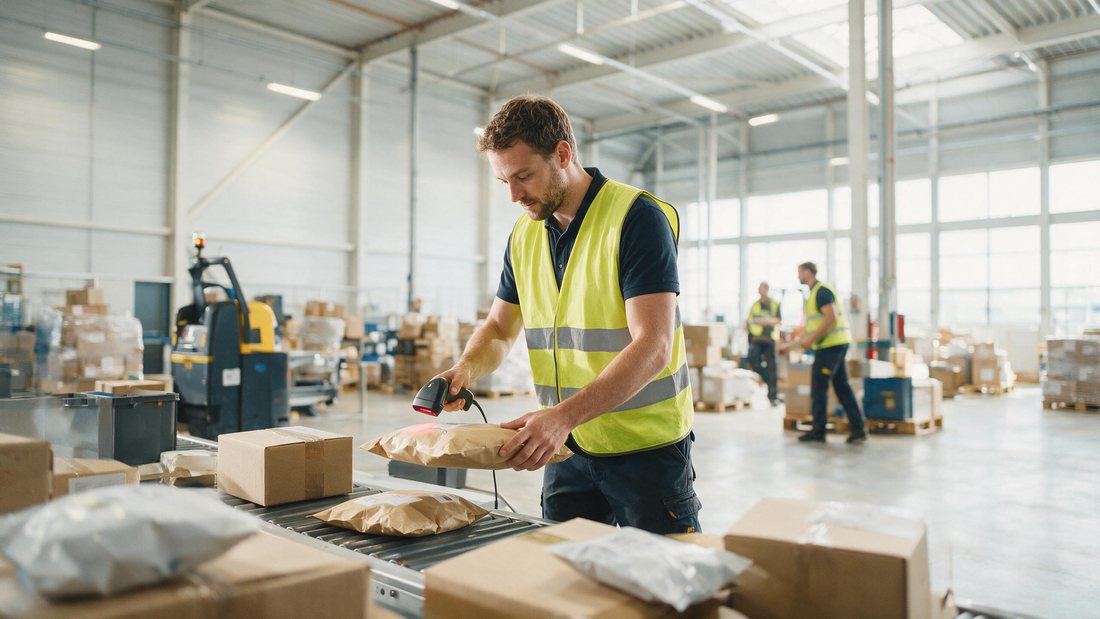 Warehouse worker scanning parcels in a bright modern Belgian logistics hall